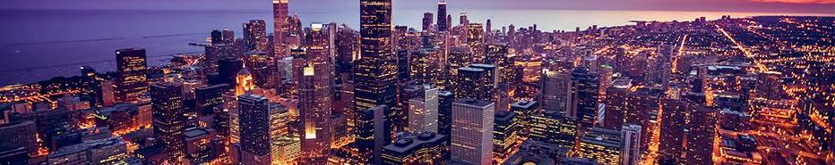 Chicago skyline aerial view at dusk, United States